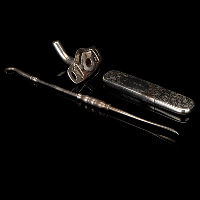 Lot 31 - A Silver Litmus Paper Holder, Scoop & Double Hook, & Tracheotomy Tube