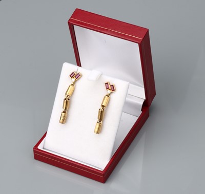 Lot 145 - A Pair of 1970s Diamond and Ruby Textured  Drop Earrings