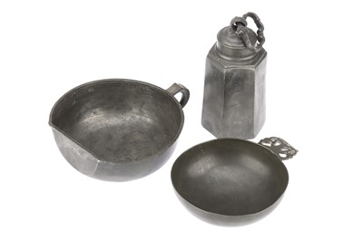 Lot 96 - Antique Pewter, Bleeding Bowl, Porringer and Flask