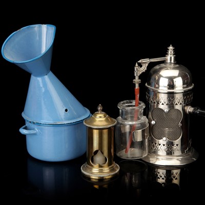 Lot 86 - A Lister Type Carbolic Acid Spray, Brass Room Infuser & Enamel Inhaler