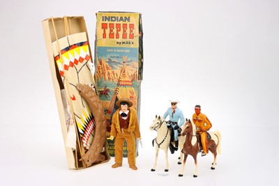 Lot 933 - Hartland Plastics Lone Ranger and Tonto with a boxed Marx Toys Johnny West 1867 Indian Tepee