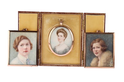 Lot 49 - 3 overpainted Portraits in Yellow Metal Mounts