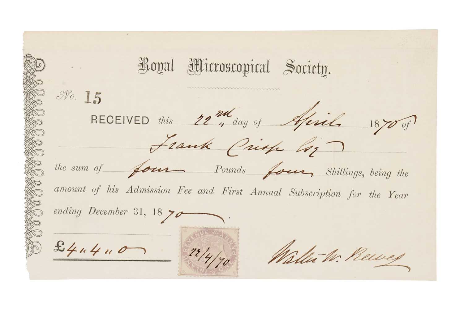 Lot 675 - Original Royal Microscopical Society Recipt, Frank Crisp, 1870