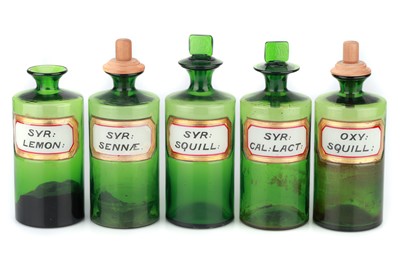 Lot 558 - An Unusual Set of Green Chemists Syrup Bottles