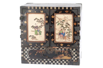 Lot 521 - Small Japanese Black Lacquer and Ceramic Cabinet