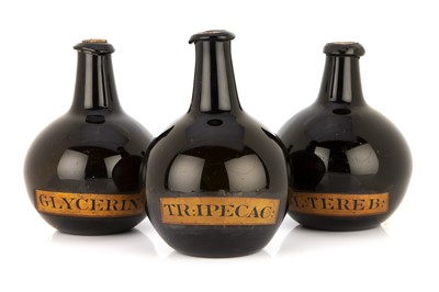 Lot 64 - Three Bulbous Green Glass Apothecary Bottles