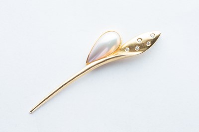 Lot 3 - A 14ct Yellow Gold Floral Sprig Diamond & Blister Pearl Pendant