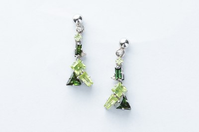 Lot 5 - A Pair of 18ct White Gold Diamond, Peridot & Tourmaline Earrings