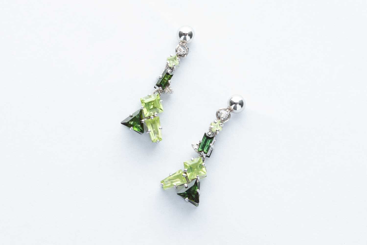 Lot 5 - A Pair of 18ct White Gold Diamond, Peridot & Tourmaline Earrings