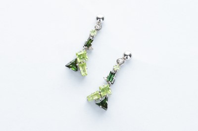 Lot 5 - A Pair of 18ct White Gold Diamond, Peridot & Tourmaline Earrings