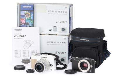 Lot 189 - An Olympus Pen Mini E-PM1 & E-PL2 Mirrorless Digital Cameras
