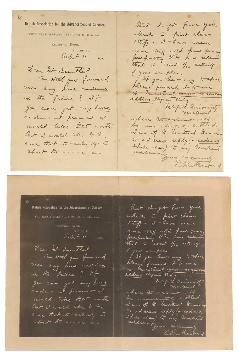 Lot 387 - Important Document from Ernest Rutherford Concerning the Procurement of Radium, 1903